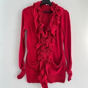 Madison Red Ruffle Cardigan Women Size Medium with Pockets